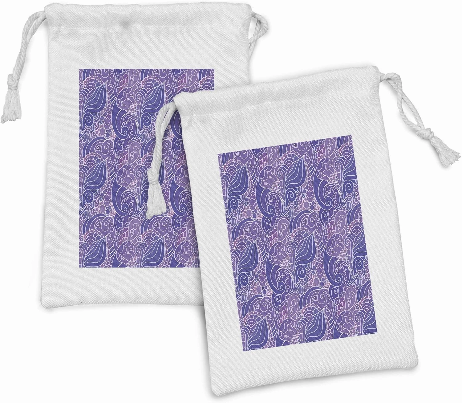 Ambesonne Floral Fabric Pouch Set of 2, Flower Art Pattern with Swirly Petals Leaves Branches Curls Pastel Pattern, Small Drawstring Bag for Toiletries Masks and Favors, 9" x 6", Blue Violet Lilac