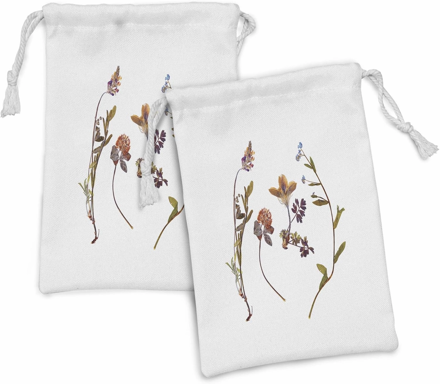 Ambesonne Flower Fabric Pouch Set of 2, Book Dried Flowers Lilacs Daisies Tulips Leaves Garden Plants Buds Art Print, Small Drawstring Bag for Toiletries Masks and Favors, 9" x 6", Multicolor