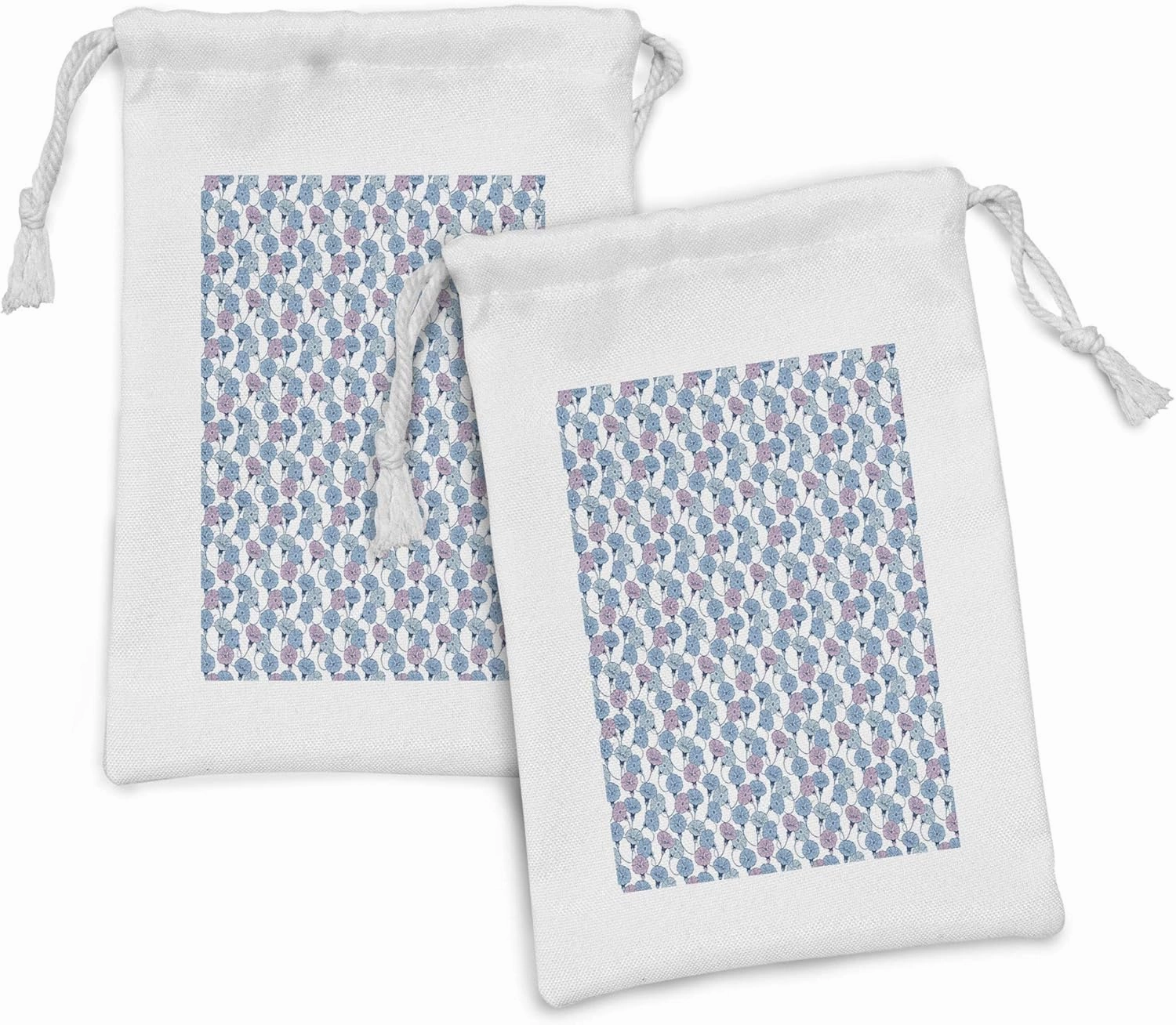 Ambesonne Flower Fabric Pouch Set of 2, Delicate Pastel Spring Trill Bindweeds, Small Drawstring Bag for Toiletries Masks and Favors, 9" x 6", Blue Grey Mauve