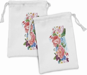 Ambesonne Flower Fabric Pouch Set of 2, Leaves with Branch Roses Daisies and Lilacs Plants Nature Theme Vintage Art Print, Small Drawstring Bag for Toiletries Masks and Favors, 9" x 6", Multicolor