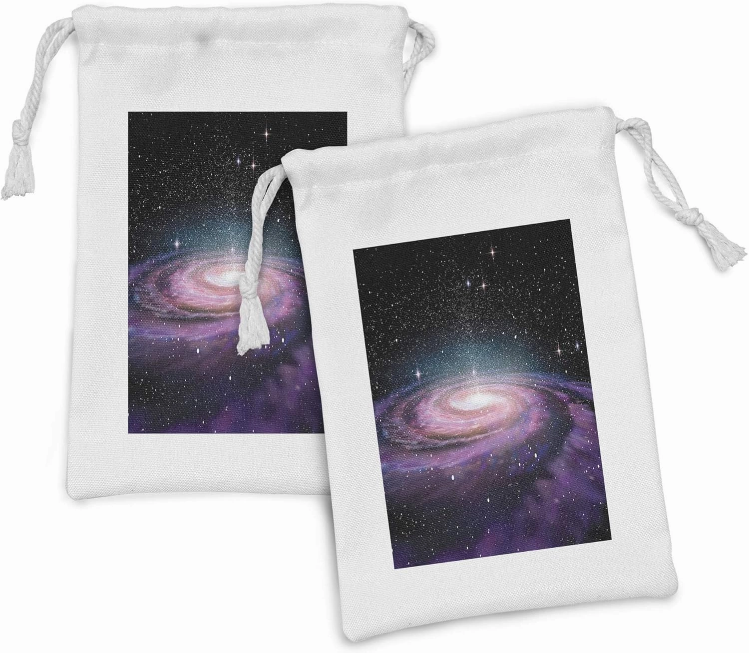 Ambesonne Galaxy Fabric Pouch Set of 2, Spiral Galaxy in Outer Space Andromeda Nebula Star Dust Universe Astronomy Print, Small Drawstring Bag for Toiletries Masks and Favors, 9" x 6", Mauve Black