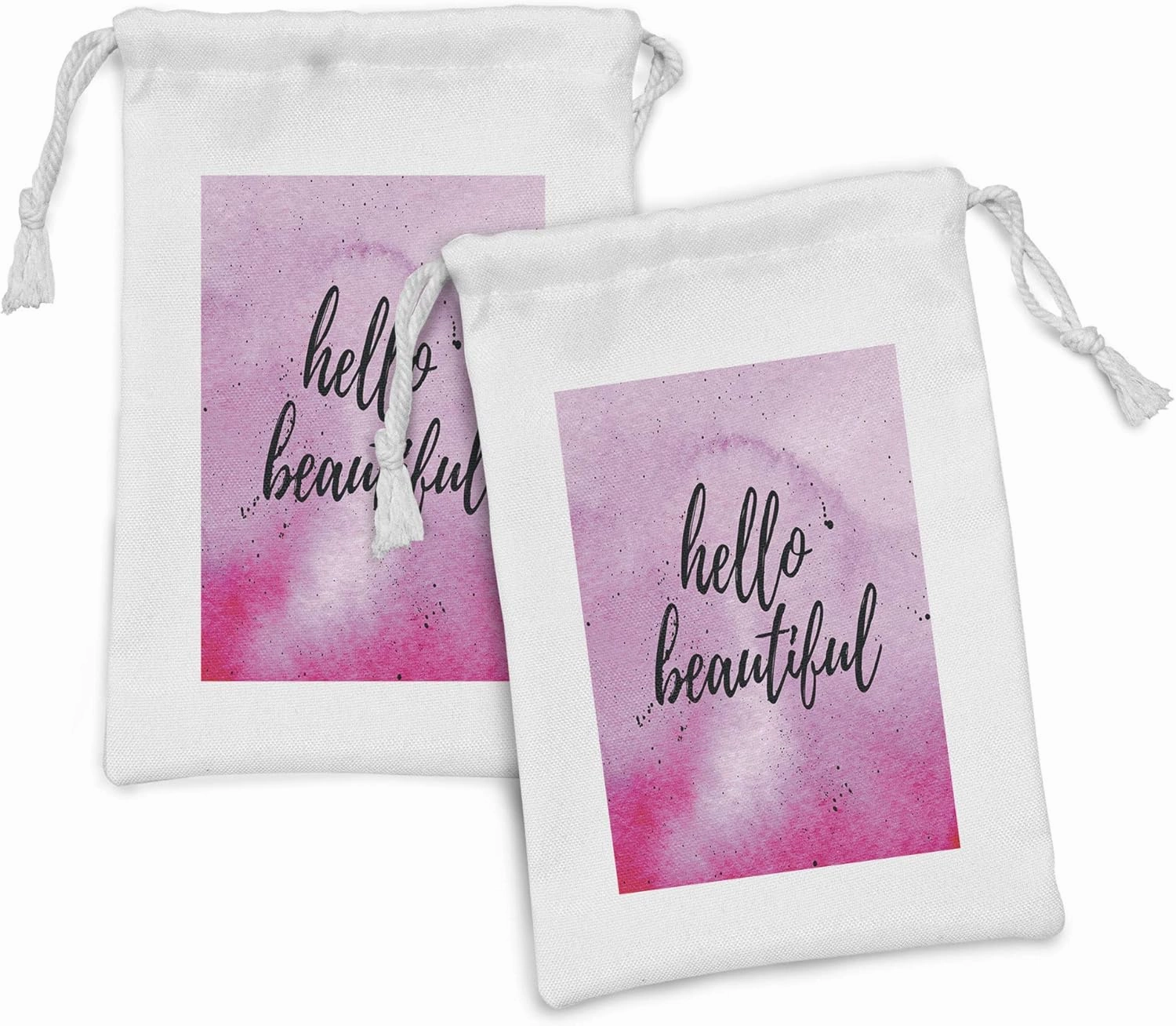 Ambesonne Hello Fabric Pouch Set of 2, Romantic Phrase with Hand Lettering and Color Splashes on Backdrop, Small Drawstring Bag for Toiletries Masks and Favors, 9" x 6", Lilac Magenta Black