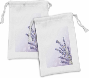 Ambesonne Lavender Fabric Pouch Set of 2, Little Posy of Medicinal Herb of Purple Flower Spa Aromatherapy Print, Small Drawstring Bag for Toiletries Masks and Favors, 9" x 6", Lavender Lilac Green