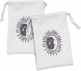 Ambesonne Moon Rays Fabric Pouch Set of 2, Cartoon Style Art Depiction of Stars and Crescent in Sun Circle Print, Small Drawstring Bag for Toiletries Masks and Favors, 9" x 6", Dark Mauve and White