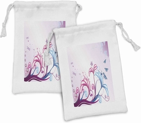 Ambesonne Nature Fabric Pouch Set of 2, Curved Giant Flower Bodies and Butterflies Flying Spring Style Design, Small Drawstring Bag for Toiletries Masks and Favors, 9" x 6", Lilac Pink Sky Blue