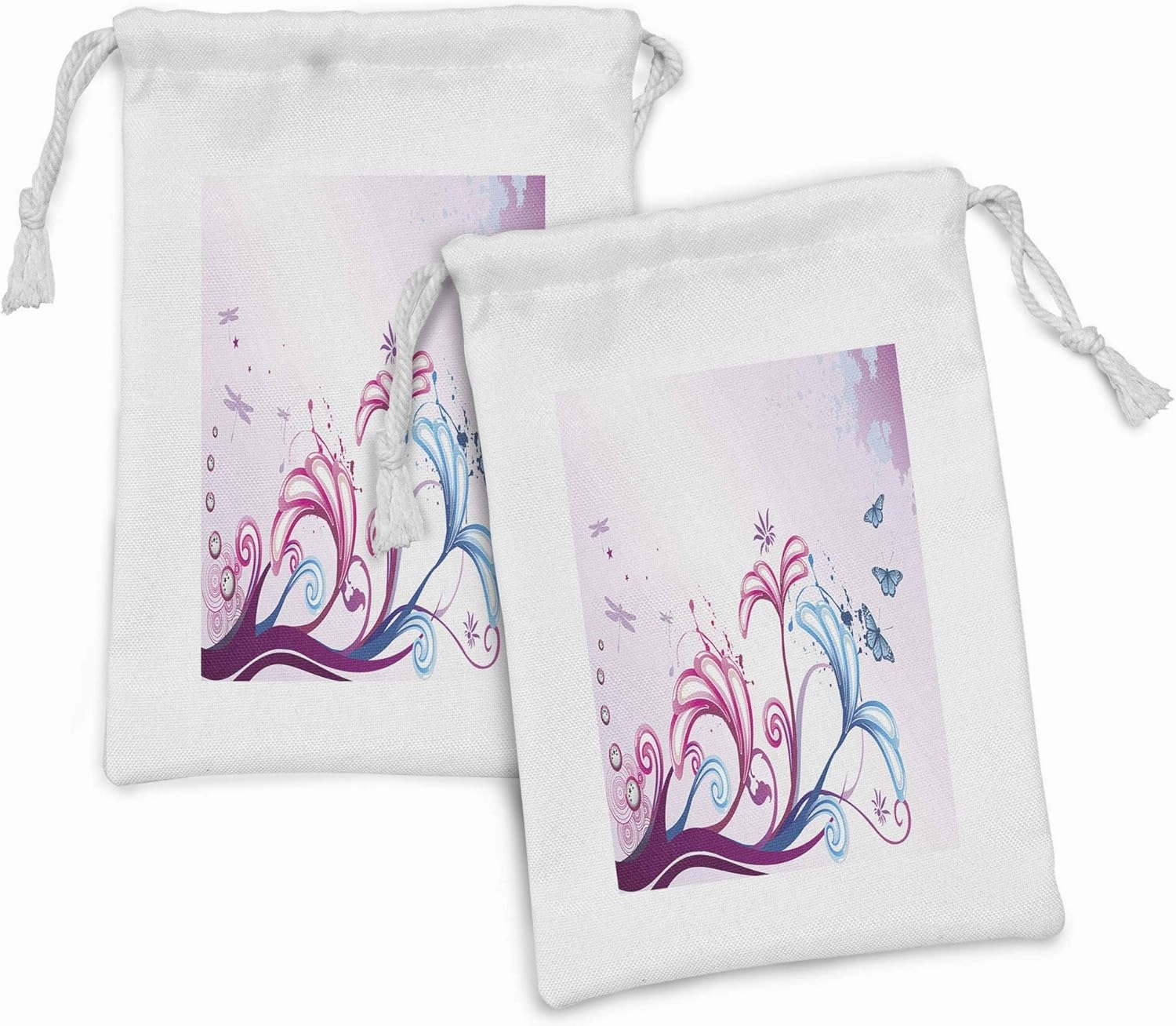 Ambesonne Nature Fabric Pouch Set of 2, Curved Giant Flower Bodies and Butterflies Flying Spring Style Design, Small Drawstring Bag for Toiletries Masks and Favors, 9" x 6", Lilac Pink Sky Blue