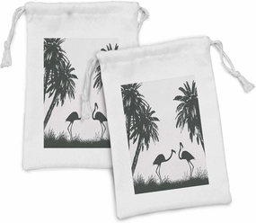 Ambesonne Nature Fabric Pouch Set of 2, Flamingo Birds and Palm Trees in Miami Exotic Tropical Natural Scenery Artwork, Small Drawstring Bag for Toiletries Masks and Favors, 9" x 6", Pale Mauve Black