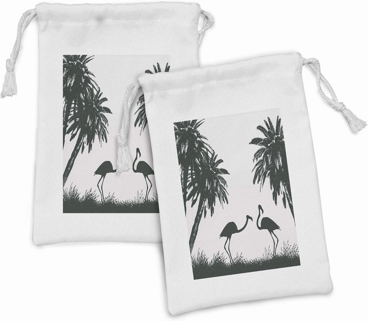 Ambesonne Nature Fabric Pouch Set of 2, Flamingo Birds and Palm Trees in Miami Exotic Tropical Natural Scenery Artwork, Small Drawstring Bag for Toiletries Masks and Favors, 9" x 6", Pale Mauve Black
