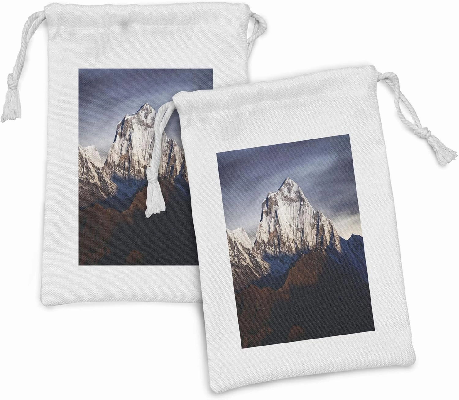 Ambesonne Nepal Fabric Pouch Set of 2, Panoramic Photograph of Mount Dhaulagiri Dramatic Himalayan Nepal Landscape Asia, Small Drawstring Bag for Toiletries Masks and Favors, 9" x 6", Multicolor