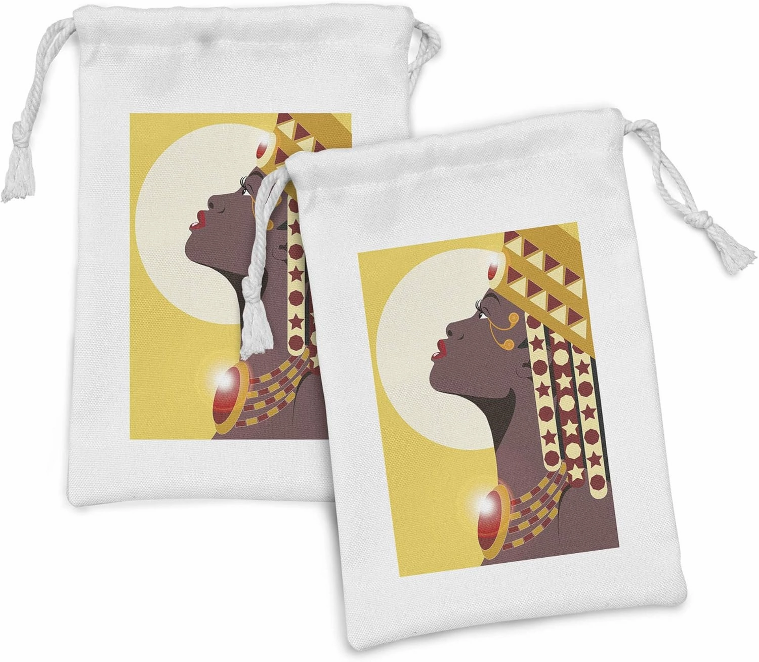 Ambesonne Queen Fabric Pouch Set of 2, Abstract Design Woman Cartoon with Sun in Background, Small Drawstring Bag for Toiletries Masks and Favors, 9" x 6", Dark Mauve Burgundy