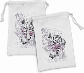 Ambesonne Rose Fabric Pouch Set of 2, Abstract Rose with Butterflies Nostalgic Victorian Design Forever Love Theme, Small Drawstring Bag for Toiletries Masks and Favors, 9" x 6", Pale Mauve Pink