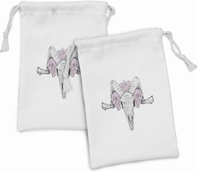 Ambesonne Skull Fabric Pouch Set of 2, Bones of a Lamb with Rose Flowers Oriental Creepy Bohemian Graphic Print, Small Drawstring Bag for Toiletries Masks and Favors, 9" x 6", Lilac and Grey