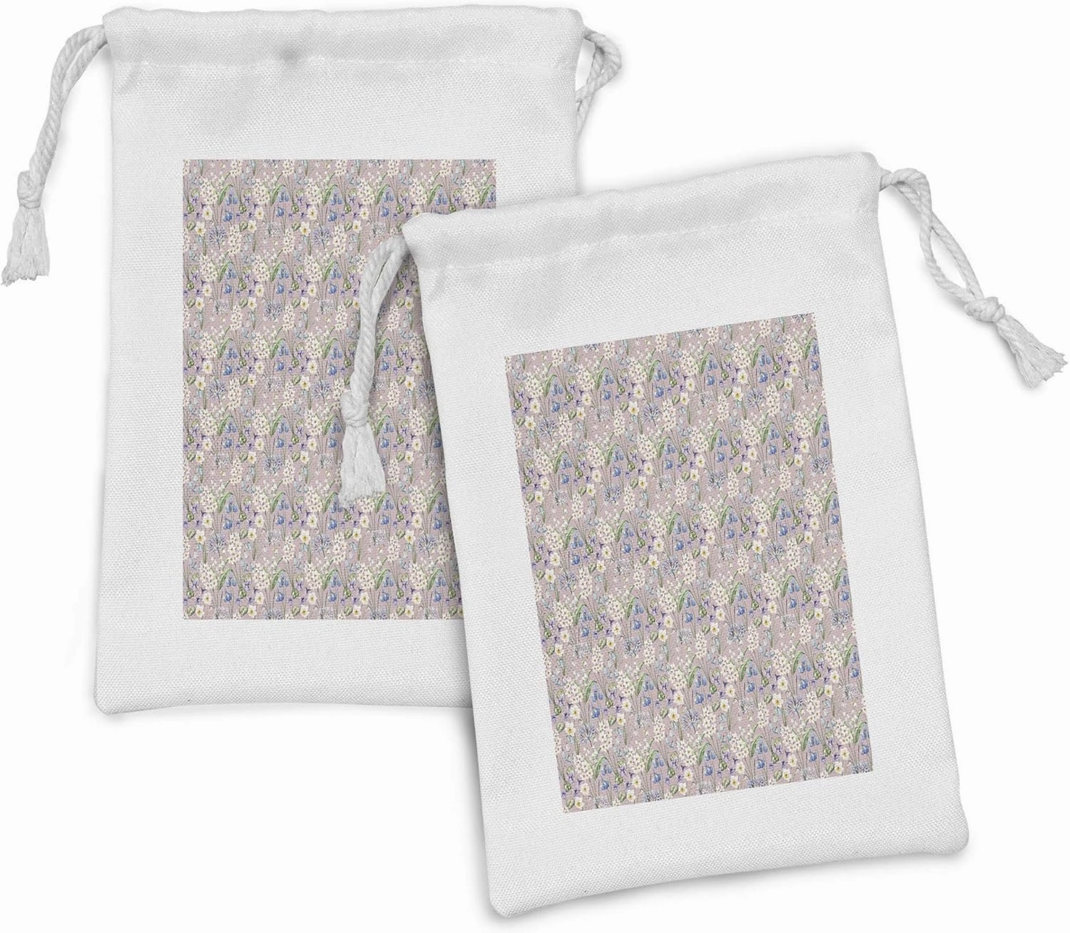 Ambesonne Spring Fabric Pouch Set of 2, Summer Field Farm Flowers Blooms Daisies Leaves Lilac Tulips Art Print, Small Drawstring Bag for Toiletries Masks and Favors, 9" x 6", Lilac Blue and White