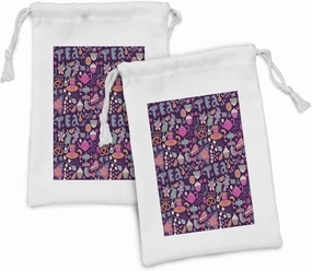 Ambesonne Tea Party Fabric Pouch Set of 2, Vibrant Colored Abstract Expression of Tea Party Cupcakes Sugar Teacups and Pots, Small Drawstring Bag for Toiletries Masks and Favors, 9" x 6", Multicolor
