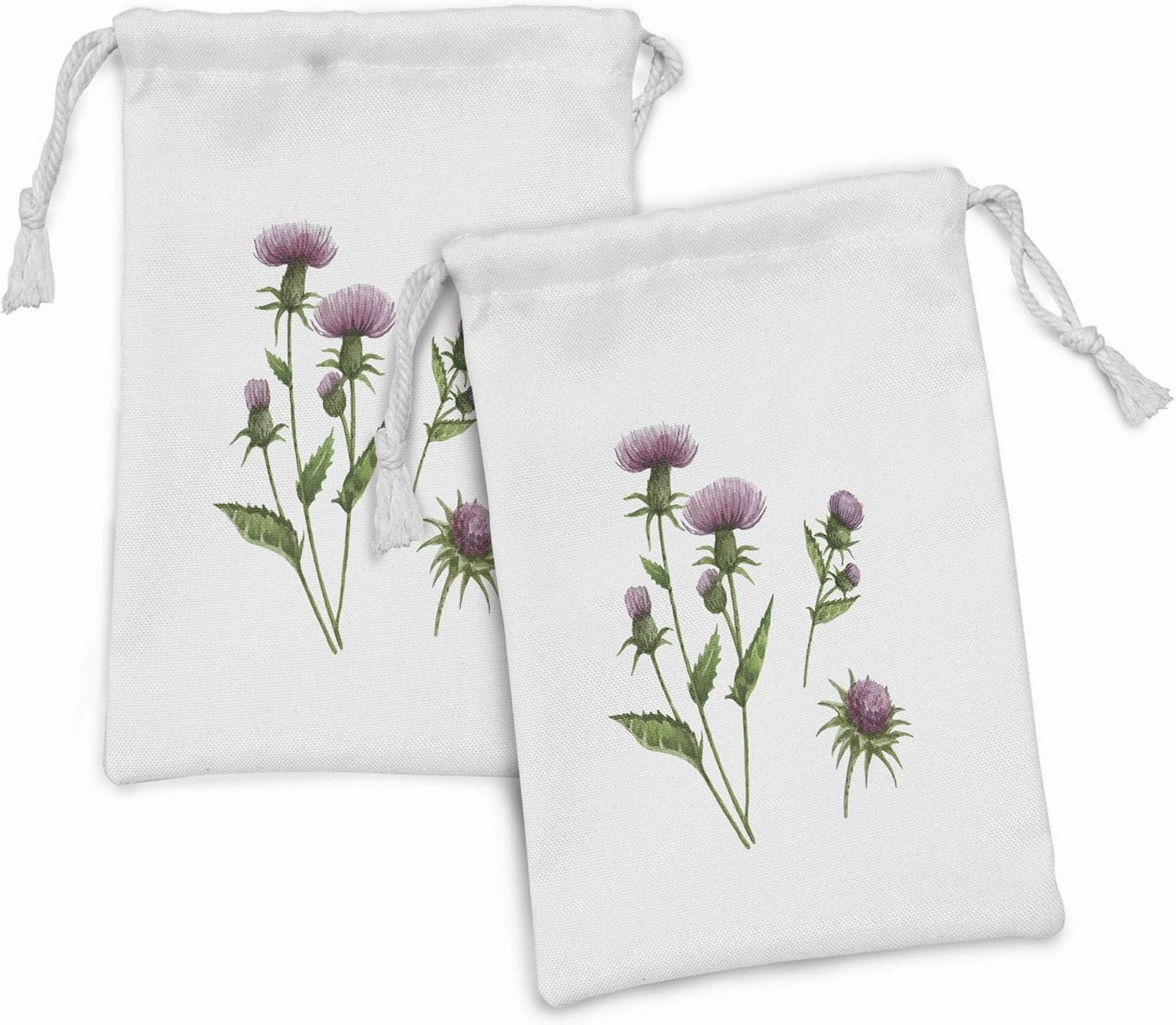 Ambesonne Thistle Fabric Pouch Set of 2, Healing Herbs for Aromatherapy Concept Watercolor Thistle Flower, Small Drawstring Bag for Toiletries Masks and Favors, 9" x 6", Mauve Taupe Fern Green