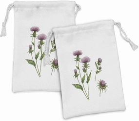 Ambesonne Thistle Fabric Pouch Set of 2, Healing Herbs for Aromatherapy Concept Watercolor Thistle Flower, Small Drawstring Bag for Toiletries Masks and Favors, 9" x 6", Mauve Taupe Fern Green