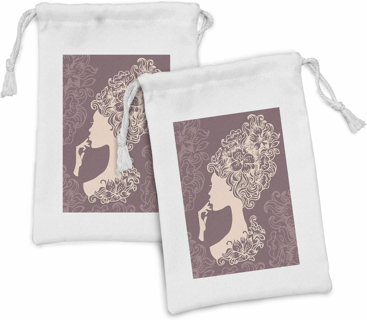 Ambesonne Vintage Woman Fabric Pouch Set of 2, Woman Silhouette with Flowered Hair Style Abstract Beauty Image, Small Drawstring Bag for Toiletries Masks and Favors, 9" x 6", Mauve Taupe and Beige
