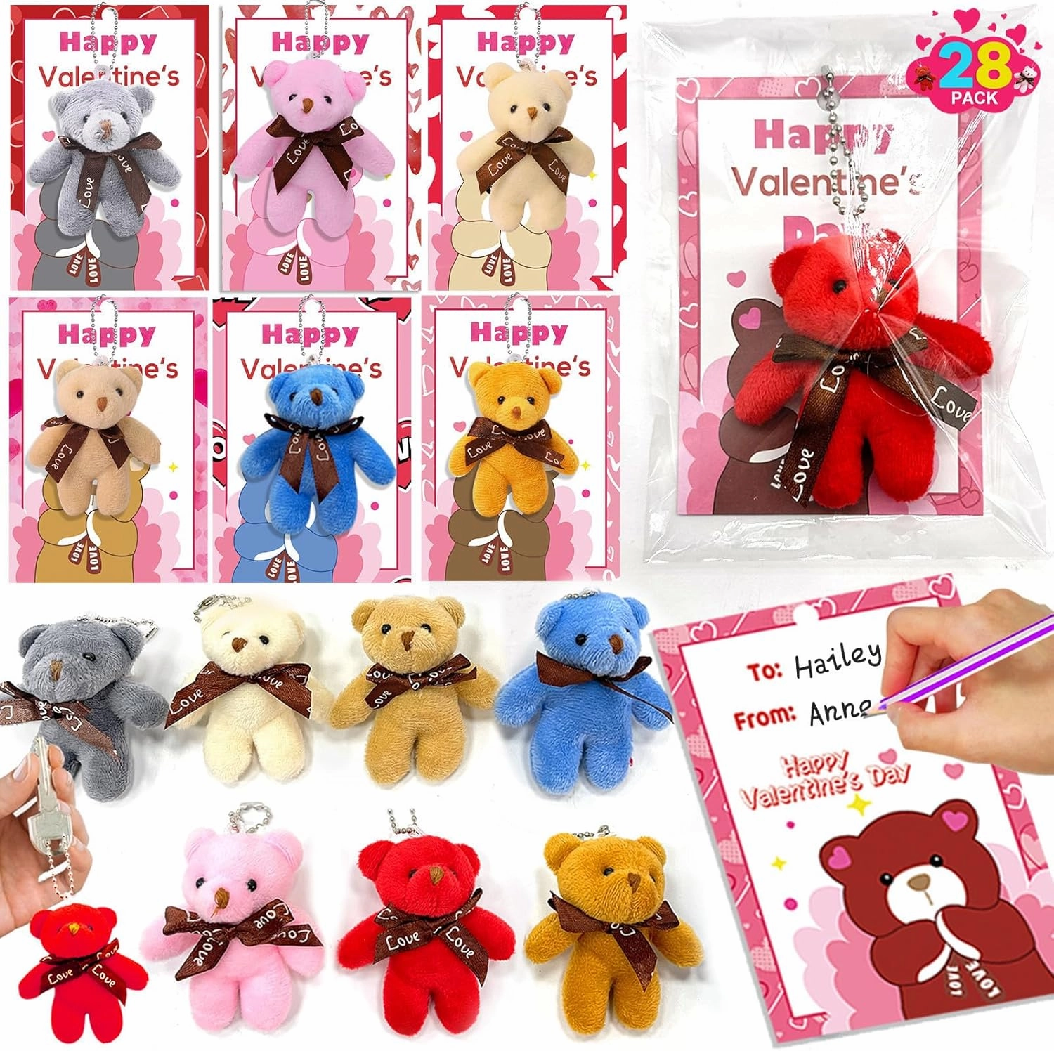 AMENON 28 Pack Valentine's Day Bear Plush Toys Mini Stuffed Animals Keychains Hangable Valentines Gifts for Kids Party Favor Classroom School Exchange Game Prizes Boys Girls Goodie Bag