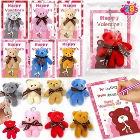 AMENON 28 Pack Valentine's Day Bear Plush Toys Mini Stuffed Animals Keychains Hangable Valentines Gifts for Kids Party Favor Classroom School Exchange Game Prizes Boys Girls Goodie Bag