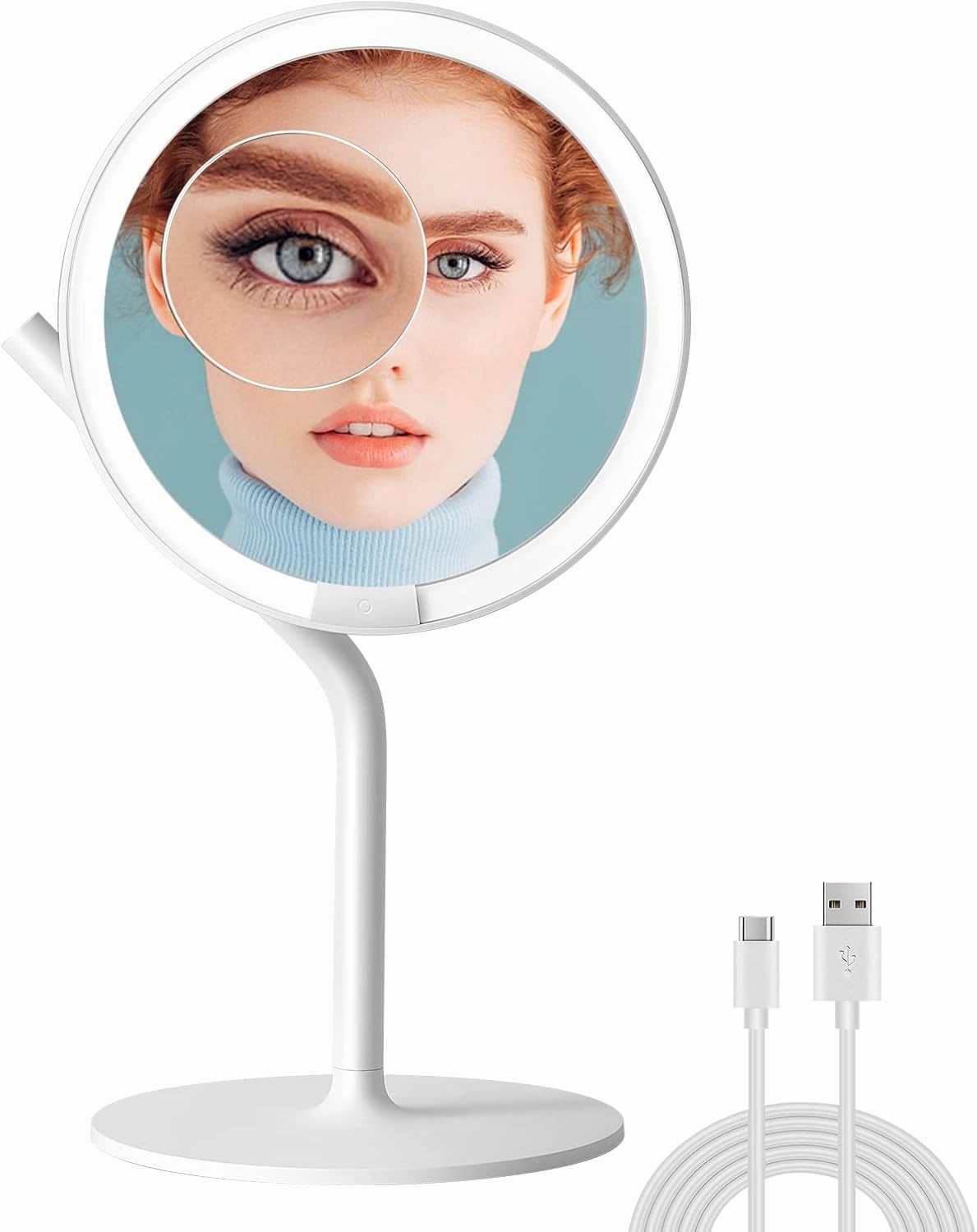 AMIRO 8'' LED Makeup Mirror, 5-Level Brightness/Touch Screen Control/Memory Function/180° Rotation/Detachable Small 5X Magnification Mirror