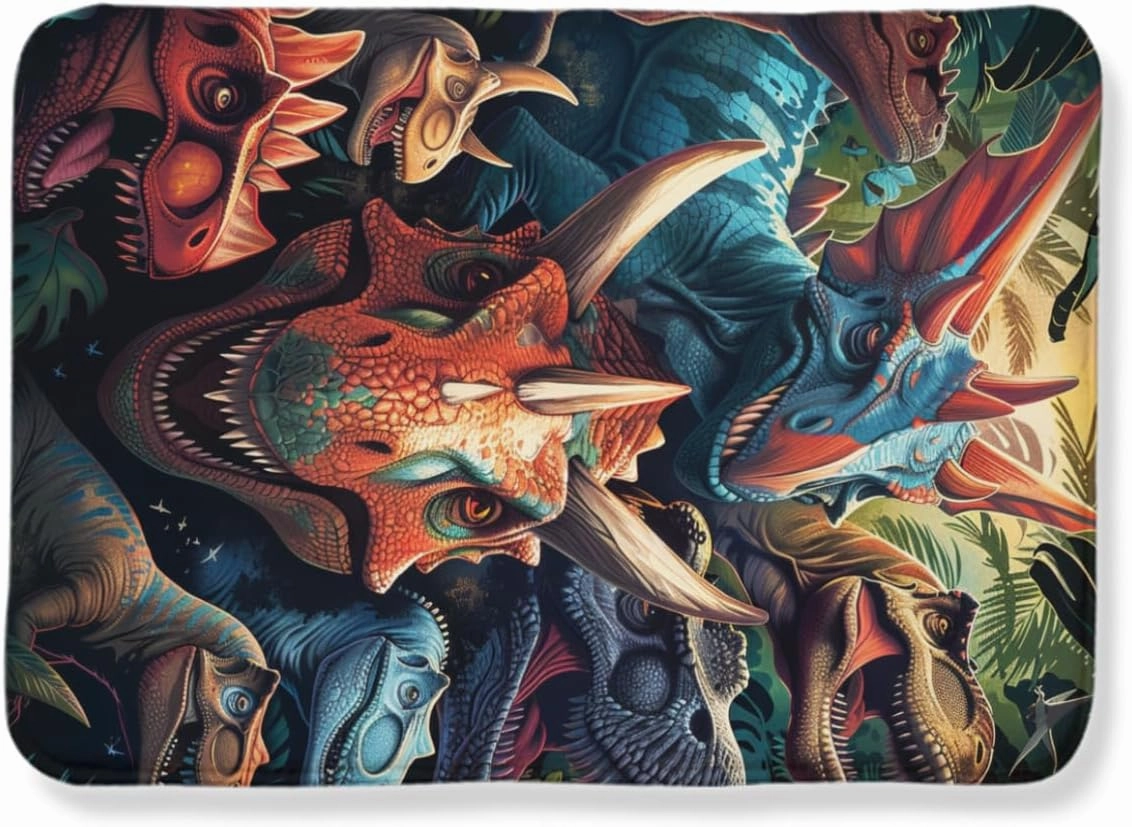 Ancient Nature Prehistoric Creatures Vegetation Jungle Adventure Exploration Colorful Triceratops Brachiosaurus Stegosaurus Dinosaur Carpet, Thick and Comfortable Flannel Fabric 24x36inch