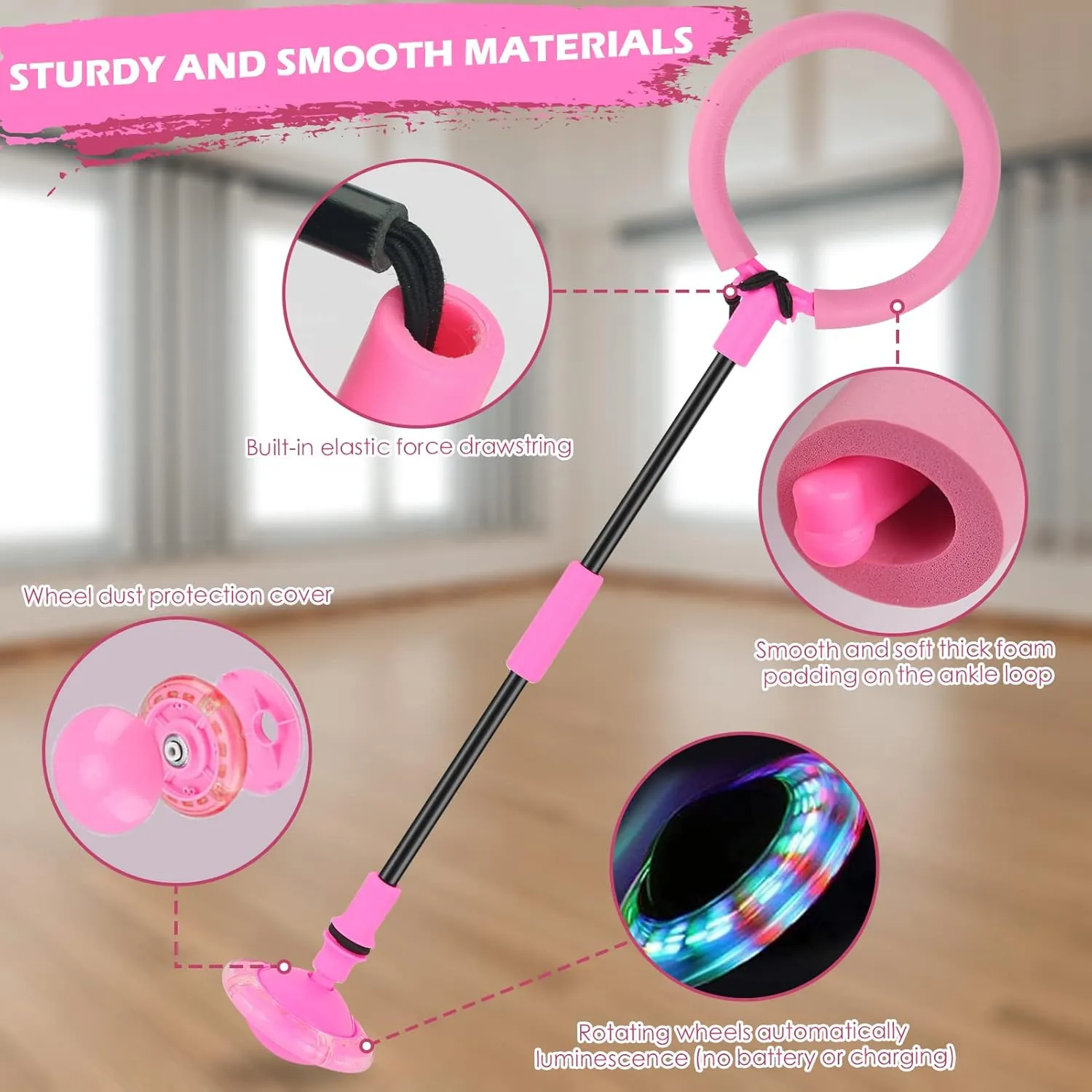 Ankle Skip Ball for Kids, Foldable Skip Ball Toy with Colorful Flash Wheel, Outside Toys for Kids, Gift for Girls & Boys Age 5 6 7 8 9 10 Years Old (Pink)