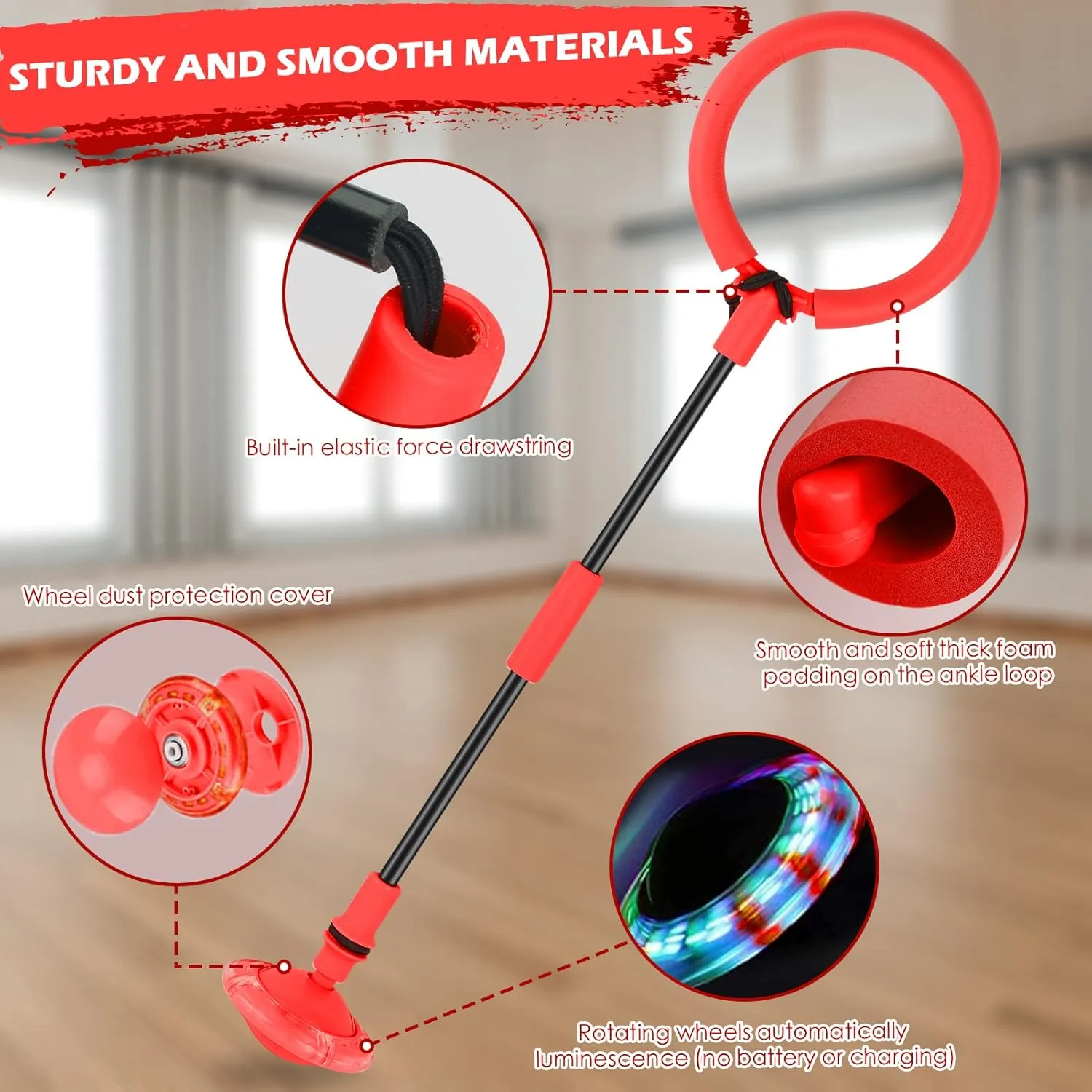 Ankle Skip Ball for Kids, Foldable Skip Ball Toy with Colorful Flash Wheel, Outside Toys for Kids, Gift for Girls & Boys Age 5 6 7 8 9 10 Years Old (Red)