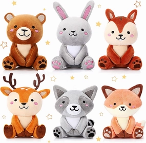 Aoriher 6 Pcs Mini Woodland Animals Plush Toys Gift 4 Inch Cute Plush Bear Rabbit Squirrel Raccoon Stuffed Keychain for Baby Shower Birthday Party Centerpiece Decor Classroom Prizes(Regular Style)