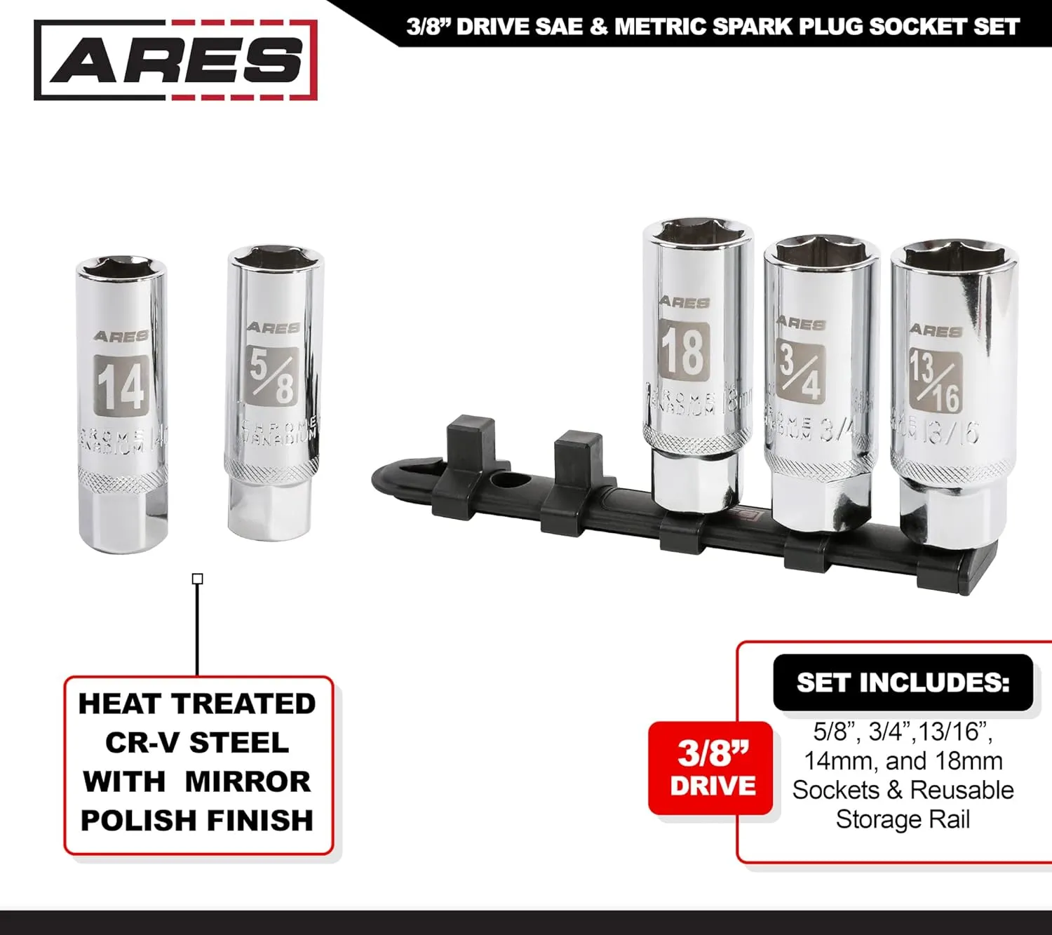 ARES 11007-5-Piece High Visibility 3/8-Inch Drive SAE & Metric Spark Plug Socket Set - Heat Treated CR-V Steel Mirror Polish Sockets with Rubber Retaining Rings - Spark Plug Removal
