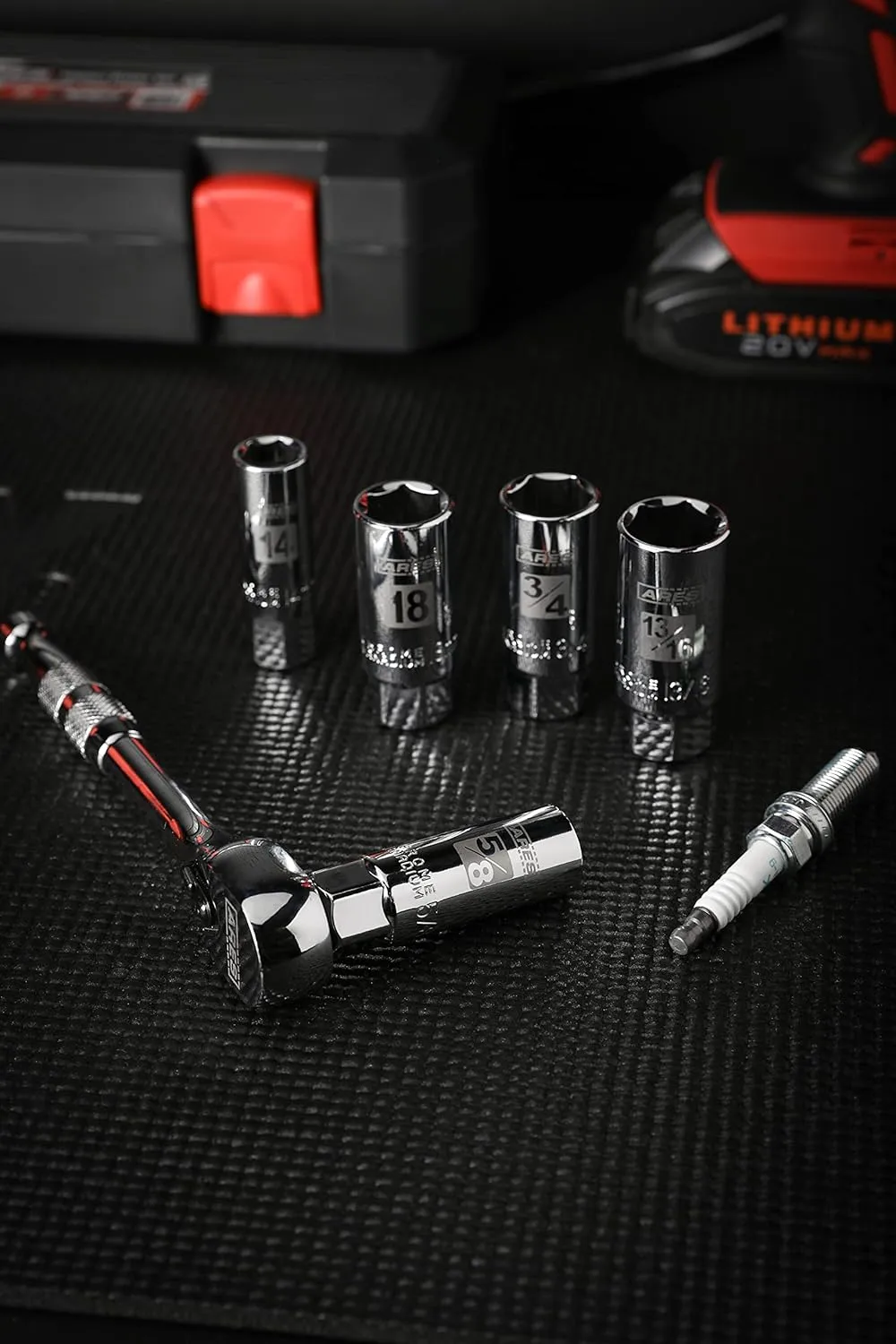 ARES 11007-5-Piece High Visibility 3/8-Inch Drive SAE & Metric Spark Plug Socket Set - Heat Treated CR-V Steel Mirror Polish Sockets with Rubber Retaining Rings - Spark Plug Removal
