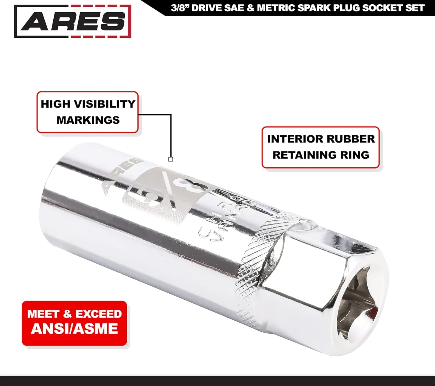 ARES 11007-5-Piece High Visibility 3/8-Inch Drive SAE & Metric Spark Plug Socket Set - Heat Treated CR-V Steel Mirror Polish Sockets with Rubber Retaining Rings - Spark Plug Removal