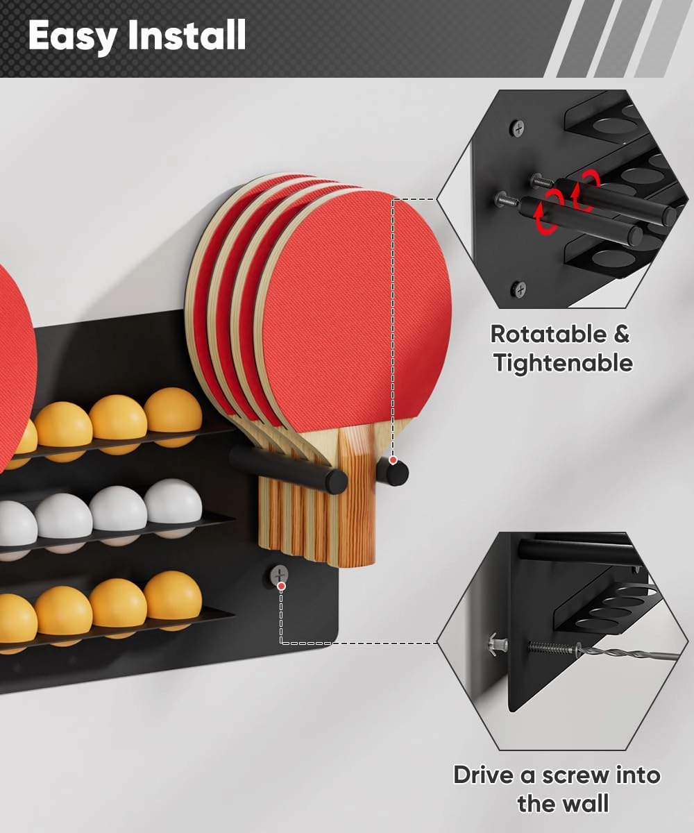 Artibear Ping Pong Paddle Holder, Wall Mounted Metal Magnetic Table Tennis Storage Rack Holds
