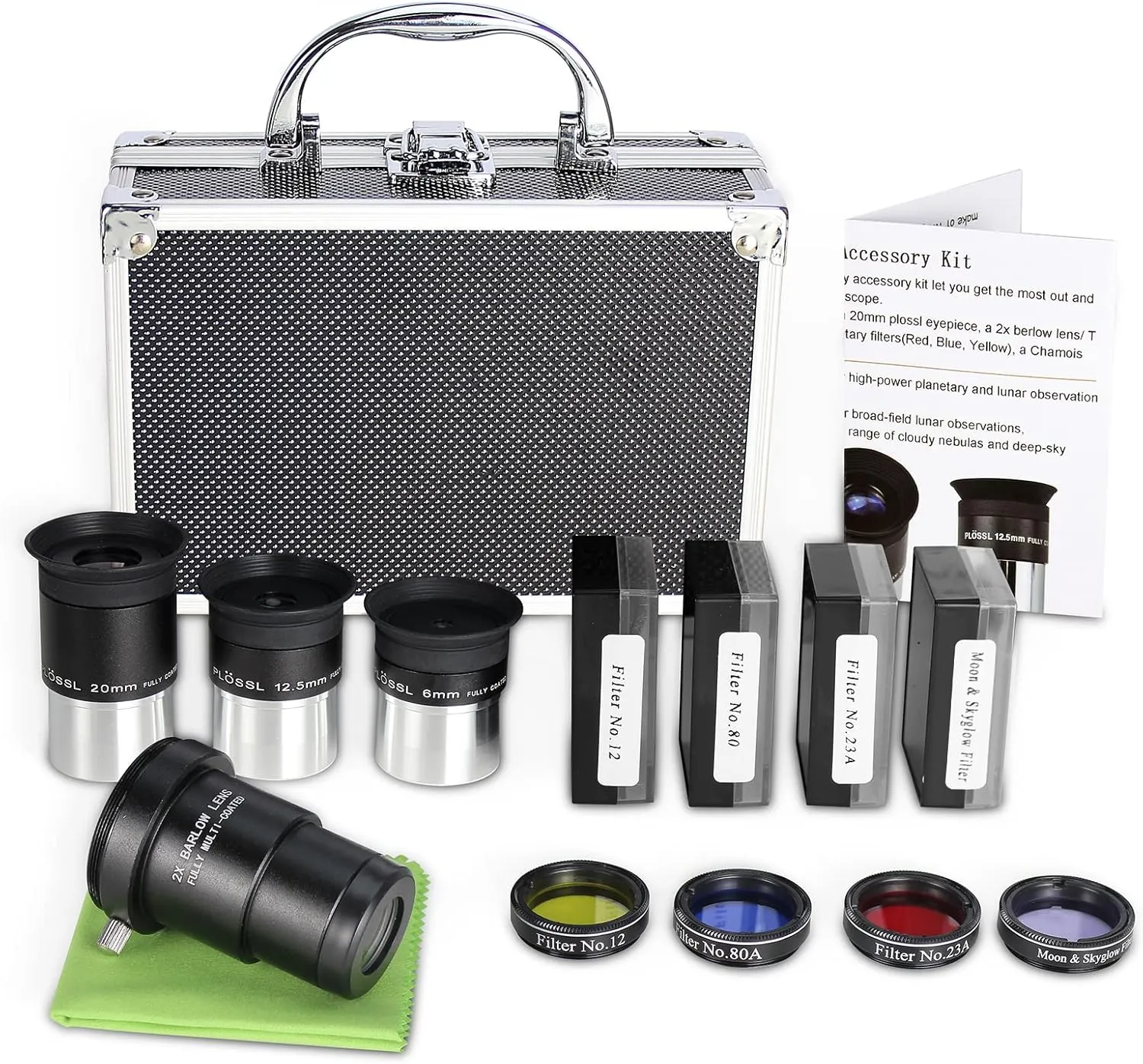 Astronomical Telescope Accessory Kit - with 3pcs Plossl Eyepieces Set, 4pcs Filter Set, a 2X Barlow Lens