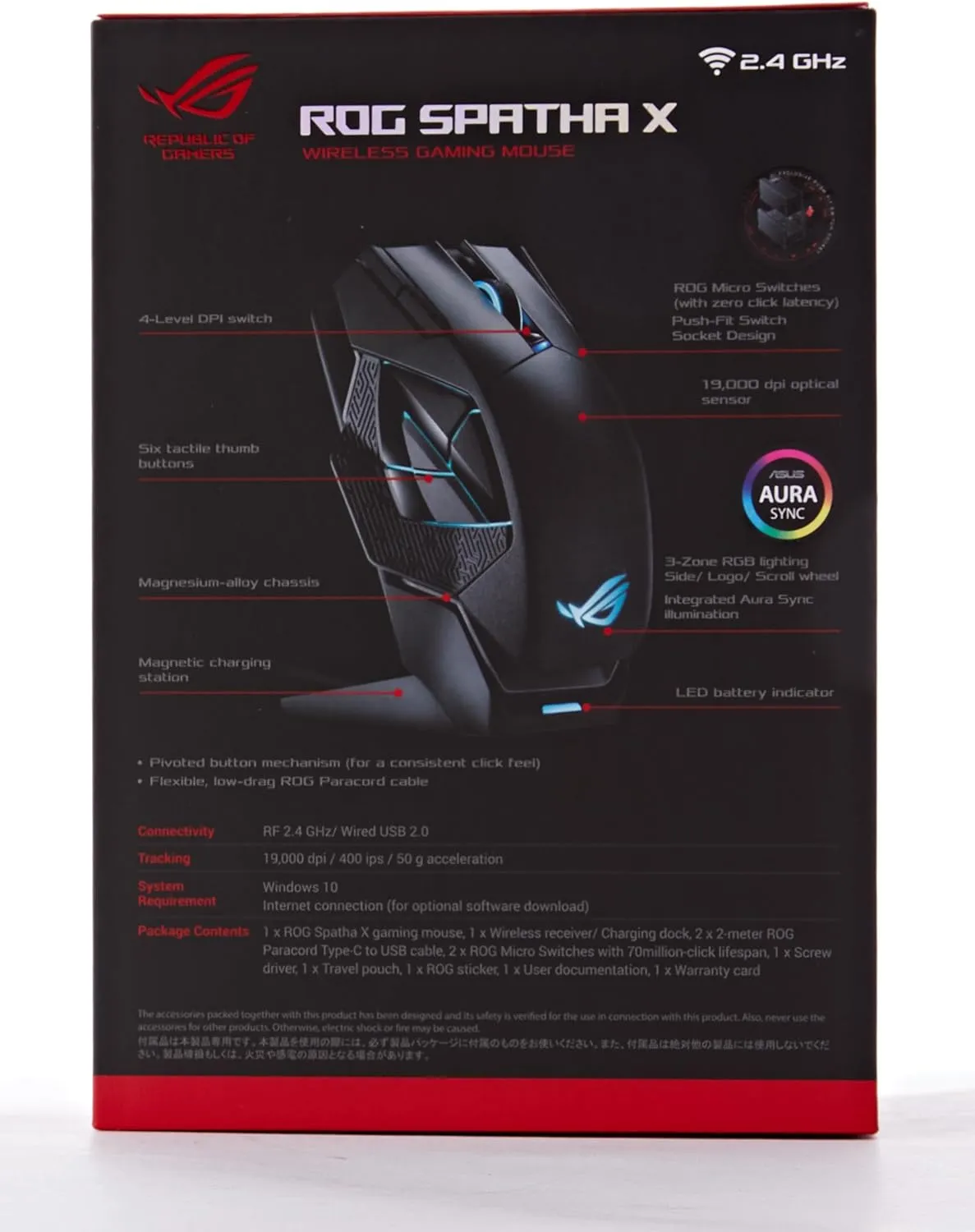ASUS ROG Spatha X Wireless Gaming Mouse (Magnetic Charging Stand, 12 Programmable Buttons, 19,000 DPI, Push-fit Hot Swap Switch Sockets, ROG Micro Switches&Paracord and Aura RGB lighting),Black