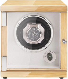 Automatic Single Watch Winder Wood Shell Piano Finish Watches Display Box With Led Lights Quiet Japanese Motor Fit Lady And Man Watches Nice Gift,Black Pu-1 0 (Beige Flannel 1 0)