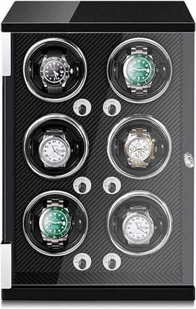 Automatic Watch Winder for 1/2/4/6 Watches in Wooden Shell & Black Carbon Fiber Leather with LED Lights, Silent Motor, Open-Lid Shut-Off, Carbon Fiber-6 0(6 0)