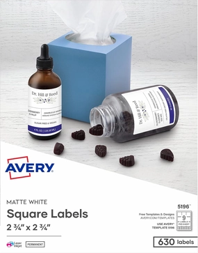 Avery Printable Blank Square Labels, 2.75" x 2.75", Matte White, 630 Customizable Labels (5196)