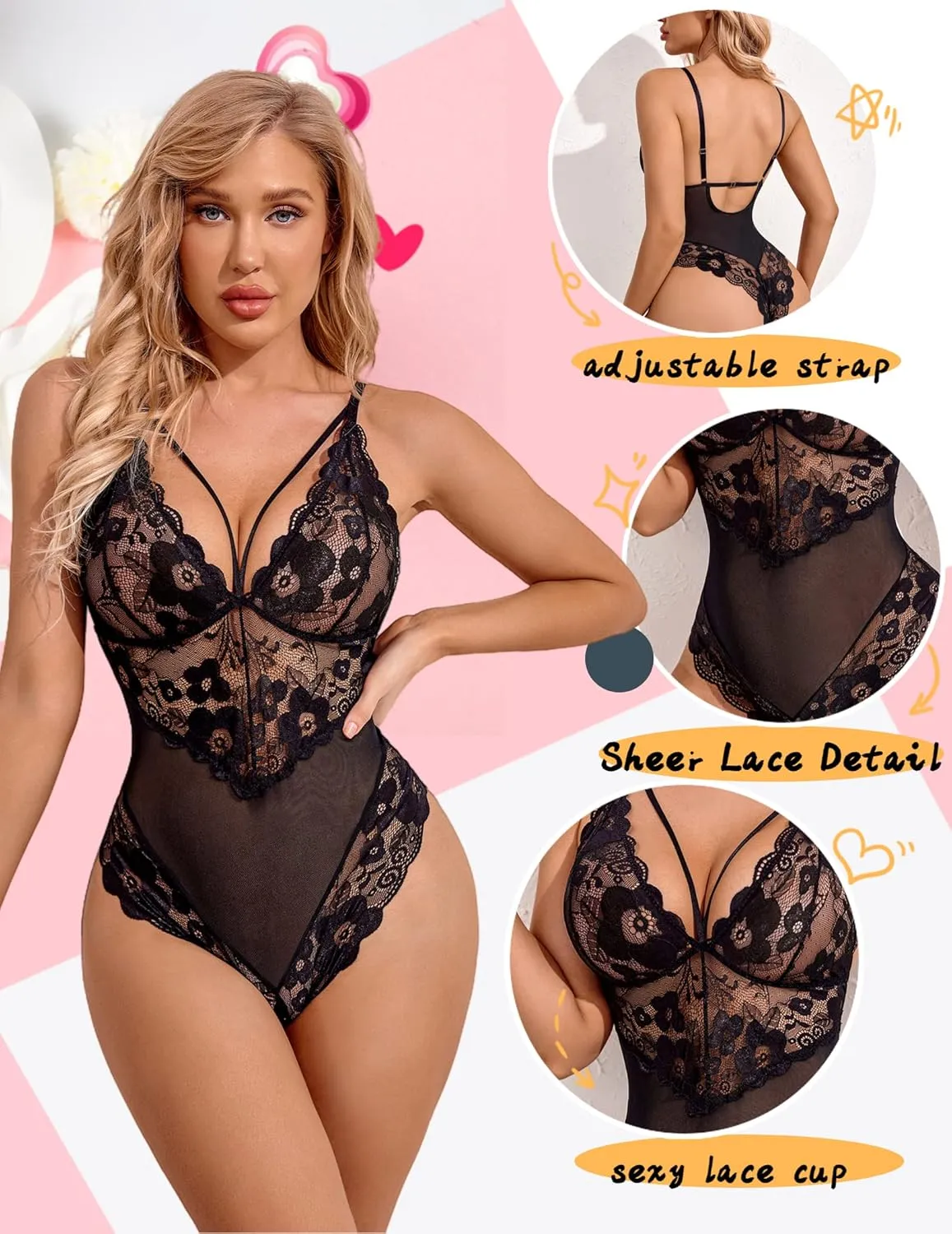 Avidlove Womens Snap Crotch Lingerie Lace Teddy One Piece Babydoll Sexy Mini Bodysuit