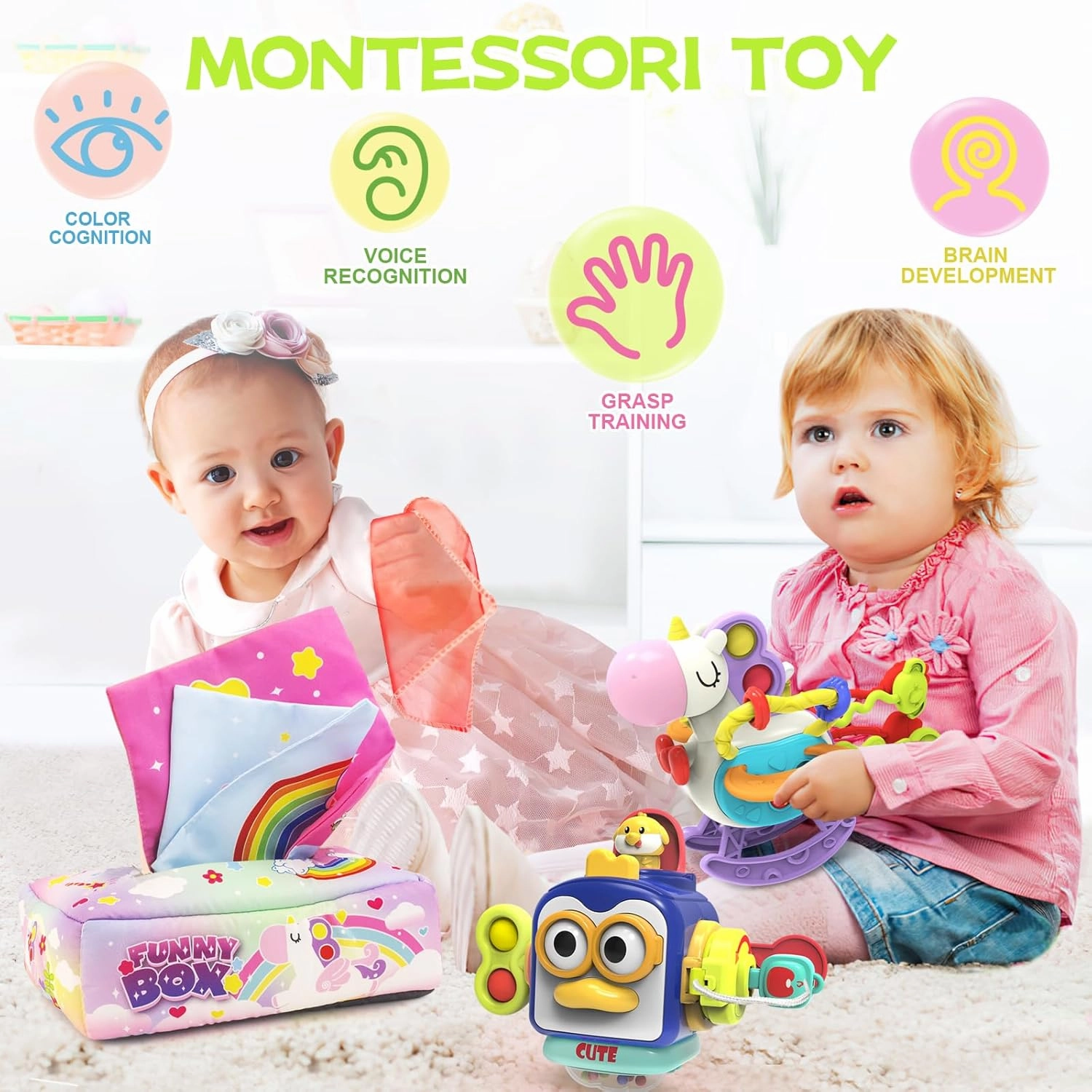 Babies Toys for 12 Months,Sensory Toys for Toddlers 1-3, 3 in 1 Activities Busy Cube,Pull String Teether and Baby Tissue Box Toy,Infant Toddlers Toy Gifts for 1 2 3 Year Old Boys Girls