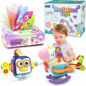 Babies Toys for 12 Months,Sensory Toys for Toddlers 1-3, 3 in 1 Activities Busy Cube,Pull String Teether and Baby Tissue Box Toy,Infant Toddlers Toy Gifts for 1 2 3 Year Old Boys Girls