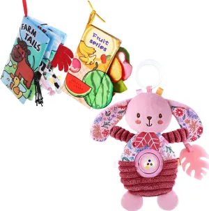 Baby Books 0-6 to 12 Months Soft Crinkle Sensory Book for Babies 2PCS and Crib Toys Hanging Baby Stroller Car Seat Toy with Teether for Infants 0-3-4-5-6 Months, Newborn Girl Boy Shower Gifts