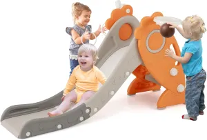 BABY JOY Toddler Slide for Kids, 4 in 1 Indoor Foldable Kids Slide w/Climber, Basketball Hoop & Ring Toss, Folding Climber Playset Baby Freestanding Playground (Carrot Theme)
