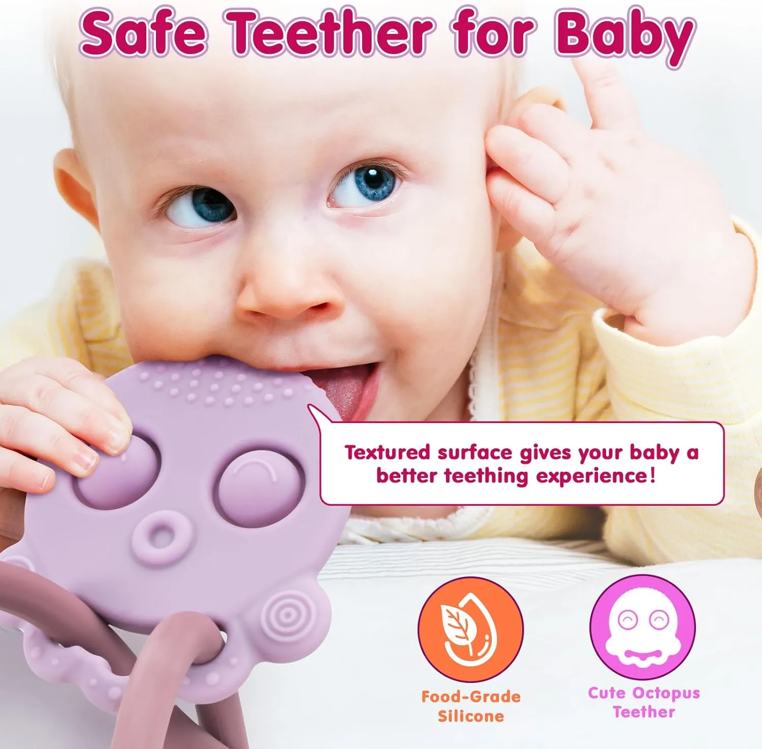 Baby Teething Toys, High Chair Toy with Suction Cup for Infant Toddlers 6 12 18 24 Month, Food Grade Silicone Teether with Oak Loop, Montessori Sensory Educational Baby Bath Toy Gifts (Rose)