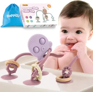Baby Teething Toys, High Chair Toy with Suction Cup for Infant Toddlers 6 12 18 24 Month, Food Grade Silicone Teether with Oak Loop, Montessori Sensory Educational Baby Bath Toy Gifts (Rose)