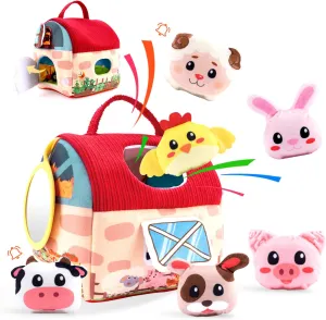 Baby Toys 6-12 Months, Montessori Sensory Infant Plush Activity Toy with Surprise Barn, Farm Animals, Rattle, Crinkle & Squeaker, Early Learning Gift for Infants Toddlers 1-3 Boys Girls
