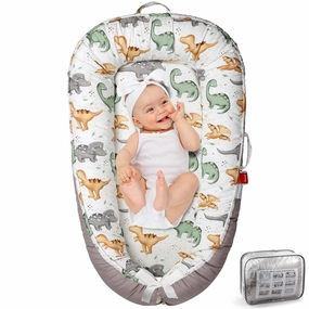 Baby Lounger - Baby Lounger for Newborn 0-24 Months, Breathable & Soft Baby Nest, Portable and Lightweight Lounger for Home and Travel, Ideal Newborn Babies Essentials (Grey Lion Dinosaur)