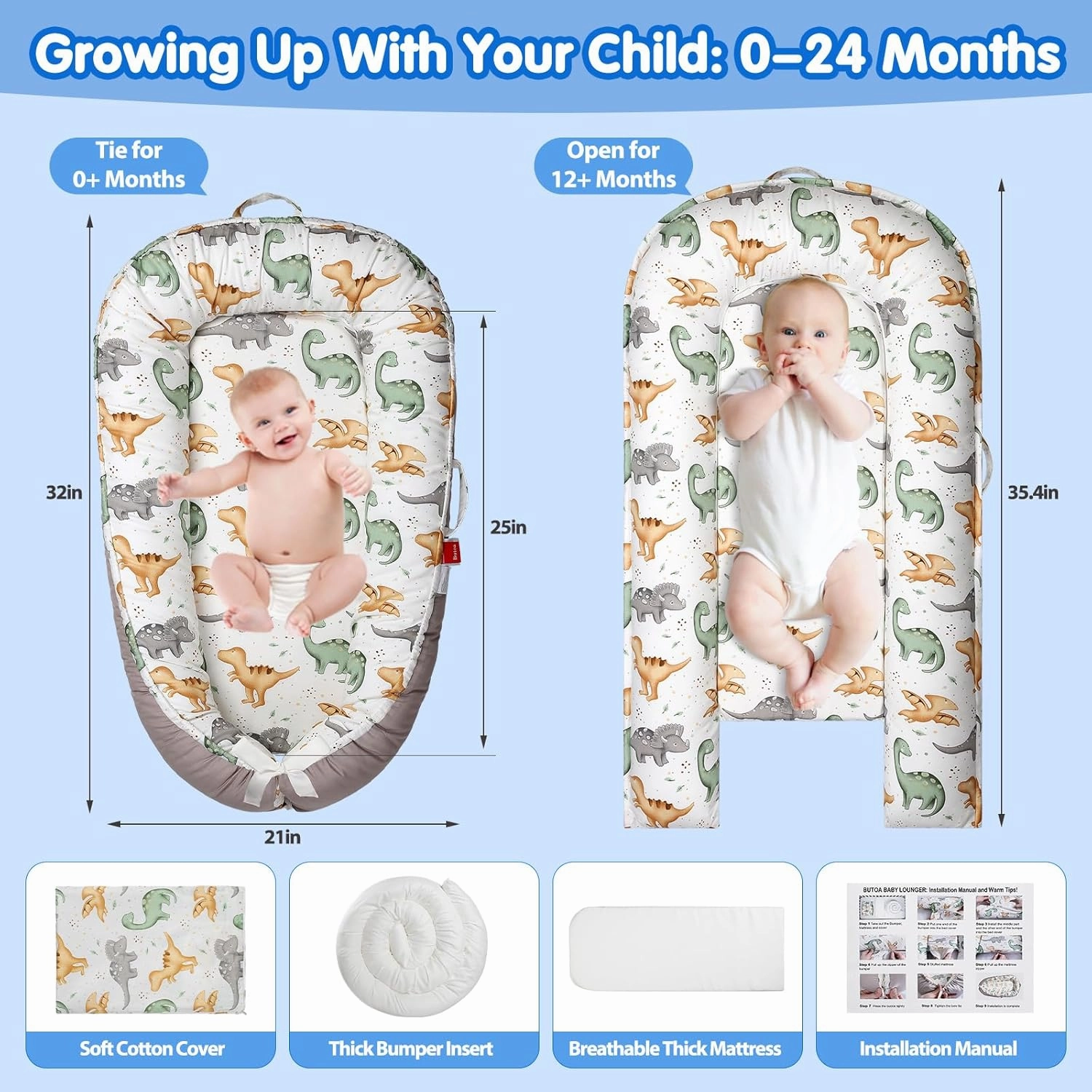 Baby Lounger - Baby Lounger for Newborn 0-24 Months, Breathable & Soft Baby Nest, Portable and Lightweight Lounger for Home and Travel, Ideal Newborn Babies Essentials (Grey Lion Dinosaur)