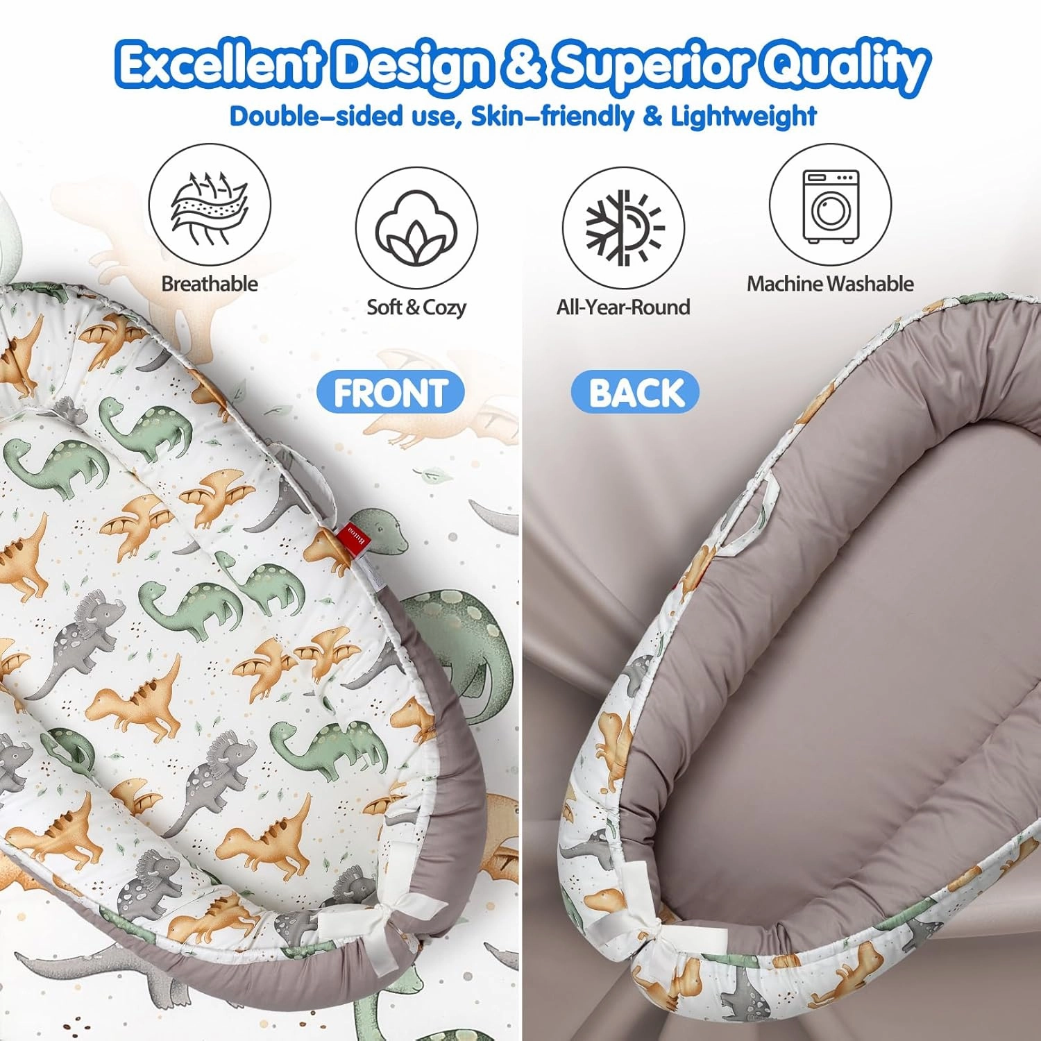 Baby Lounger - Baby Lounger for Newborn 0-24 Months, Breathable & Soft Baby Nest, Portable and Lightweight Lounger for Home and Travel, Ideal Newborn Babies Essentials (Grey Lion Dinosaur)