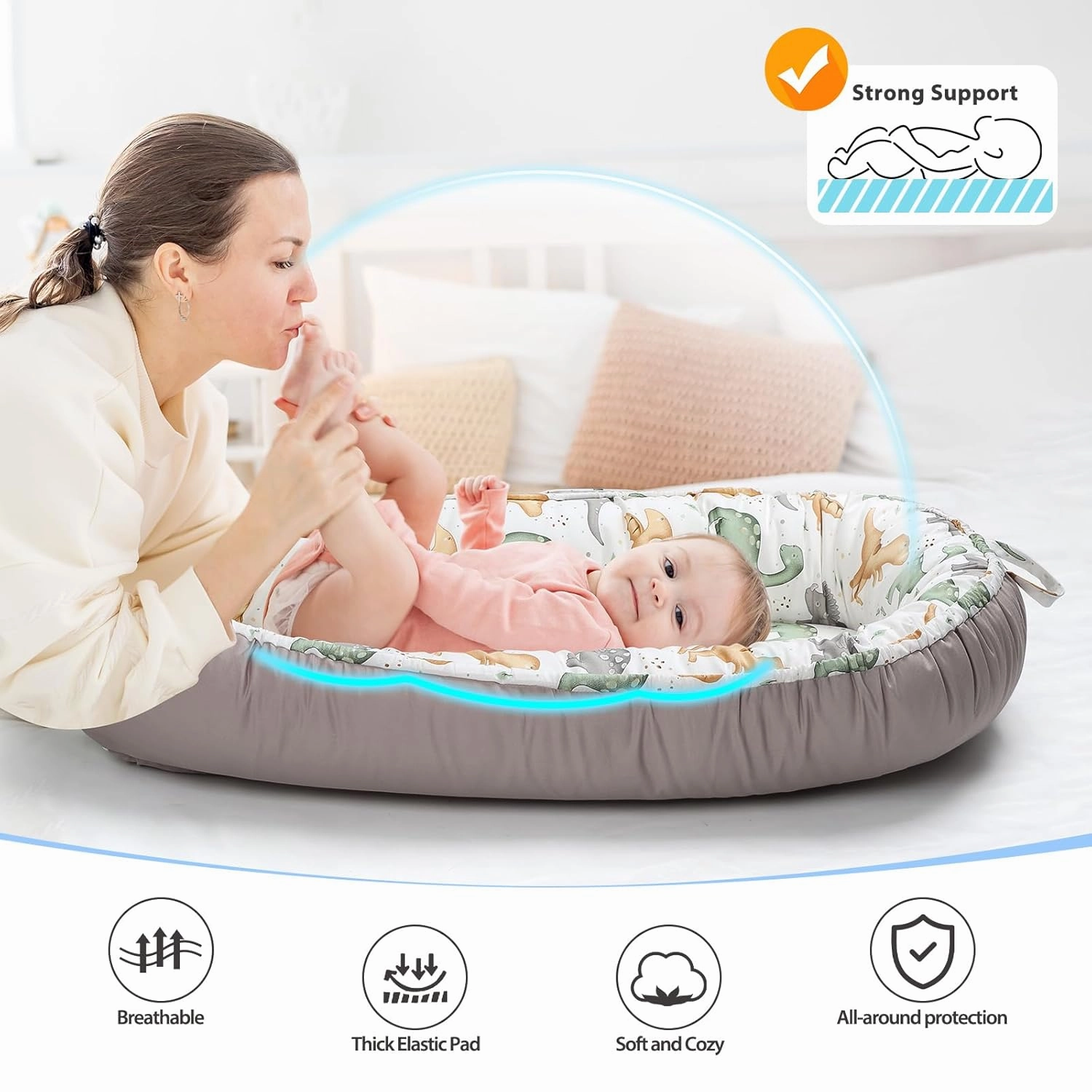 Baby Lounger - Baby Lounger for Newborn 0-24 Months, Breathable & Soft Baby Nest, Portable and Lightweight Lounger for Home and Travel, Ideal Newborn Babies Essentials (Grey Lion Dinosaur)