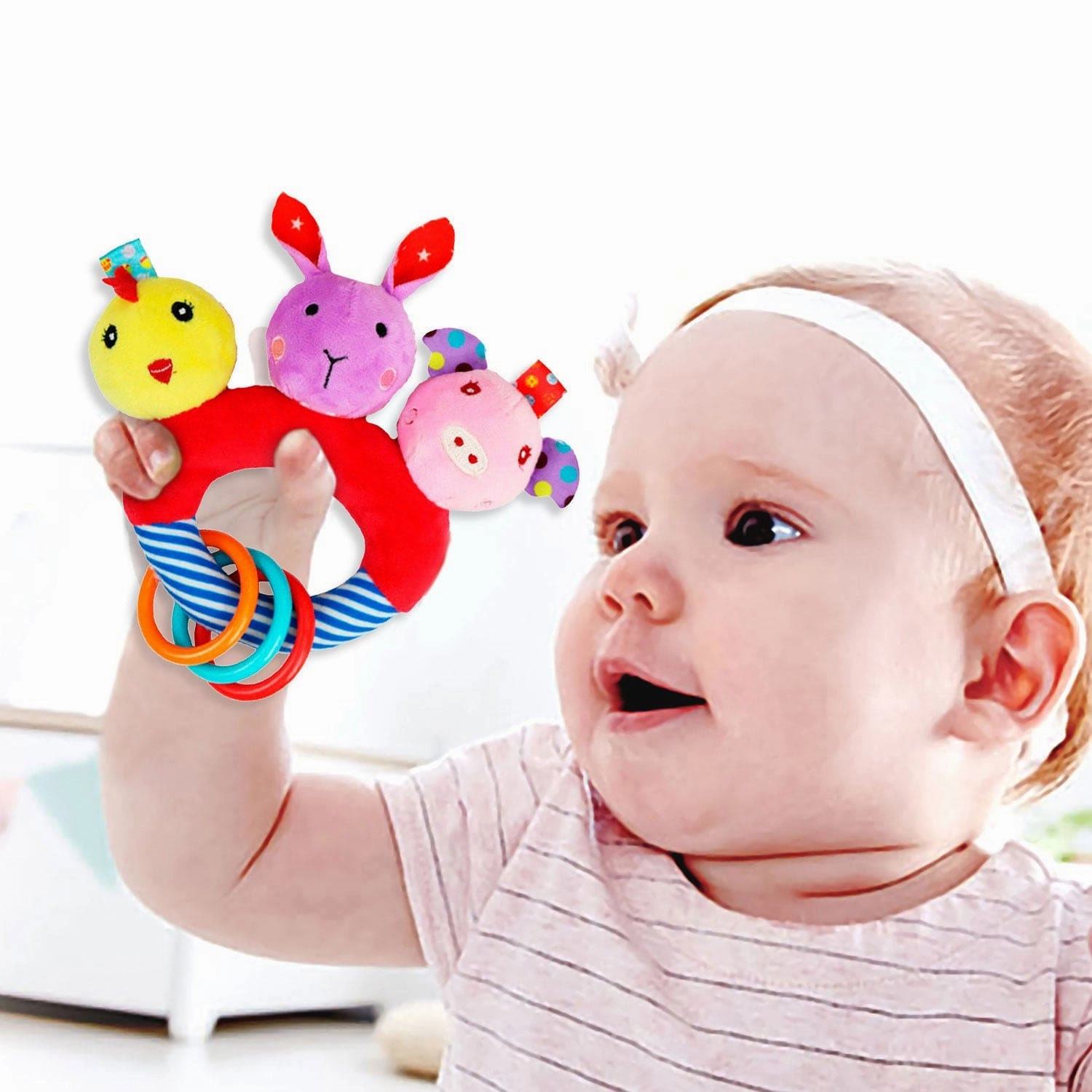 Baby Moo Farm Animals Squeaker Teething Ring Handheld Rattle - Red
